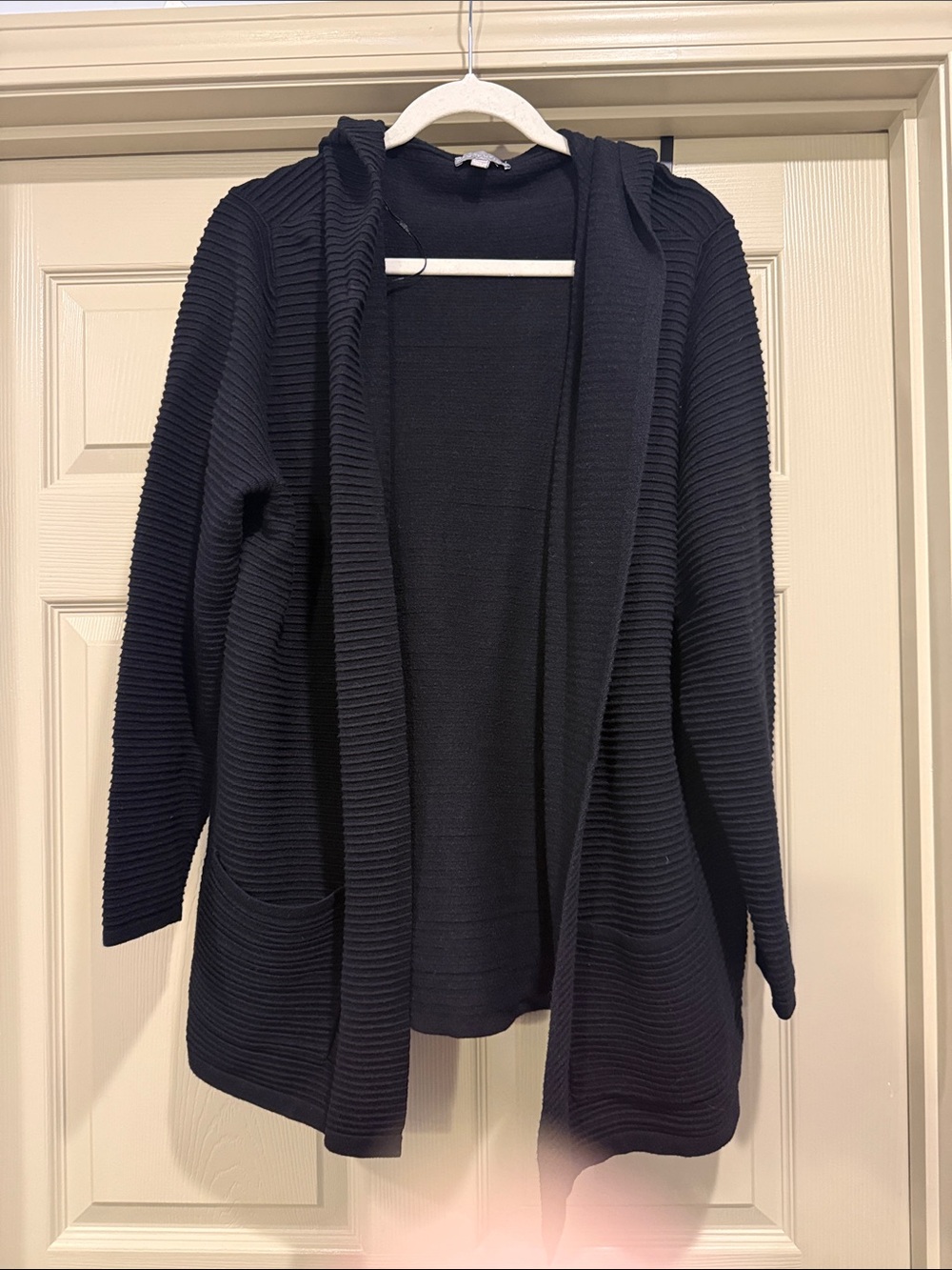 Open-Front Hooded Ribbed Cardigan Sweater - Black